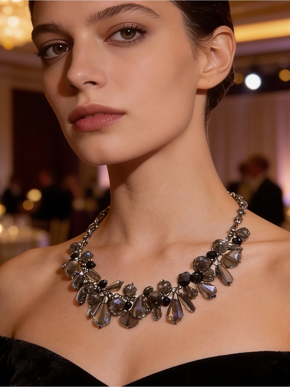 Chunky Bib Statement Necklace Gray Black Clear Rhinestones